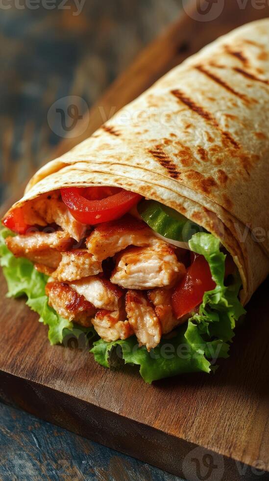 Delicious chicken wrap with fresh vegetables served on a wooden board in a cozy cafe setting photo