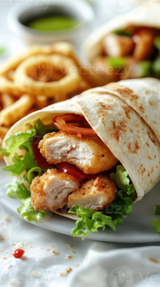 Fresh chicken wrap with crispy lettuce and tomatoes served alongside golden onion rings photo