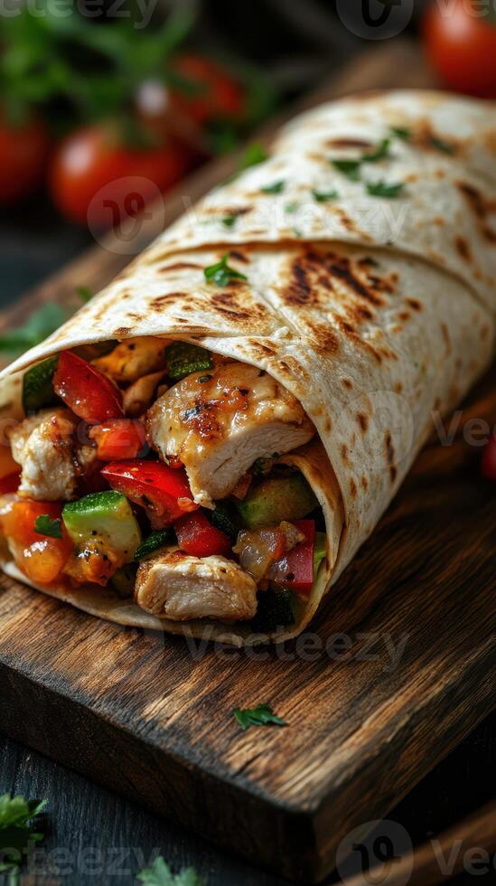 Deliciously crafted chicken wrap with fresh vegetables on a wooden board photo