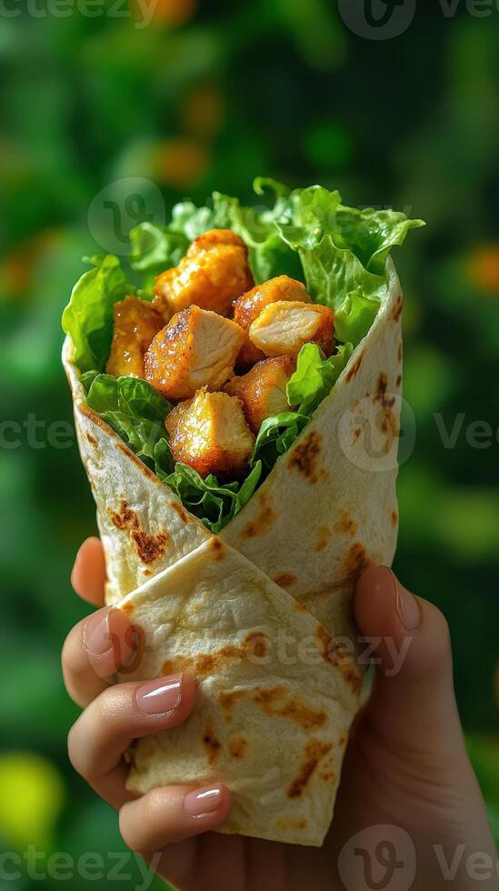 Delicious chicken wrap filled with fresh lettuce held against a vibrant green background in a casual setting photo