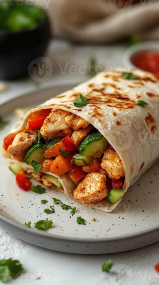Delicious chicken and vegetable wrap served on a plate with fresh ingredients and savory salsa photo