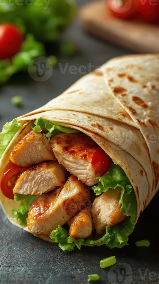 Freshly made chicken wrap filled with lettuce and tomatoes on a dark kitchen surface photo