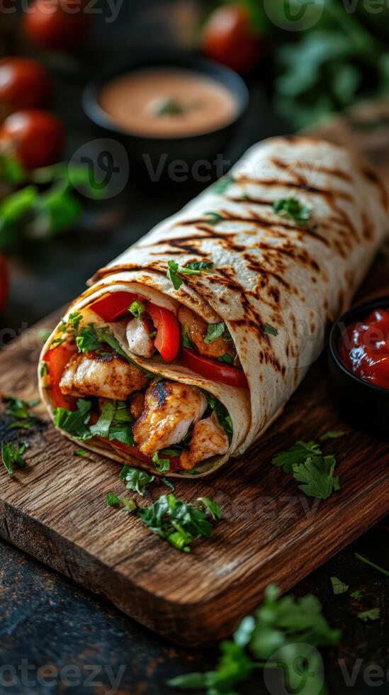 Delicious grilled chicken wrap with fresh vegetables and sauce served on a wooden board photo