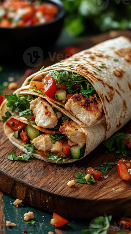 Fresh grilled chicken wraps with vegetables served on a wooden board in a cozy dining setting photo