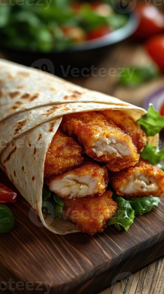 Crispy chicken wrap filled with lettuce and served on a rustic wooden surface with fresh vegetables photo