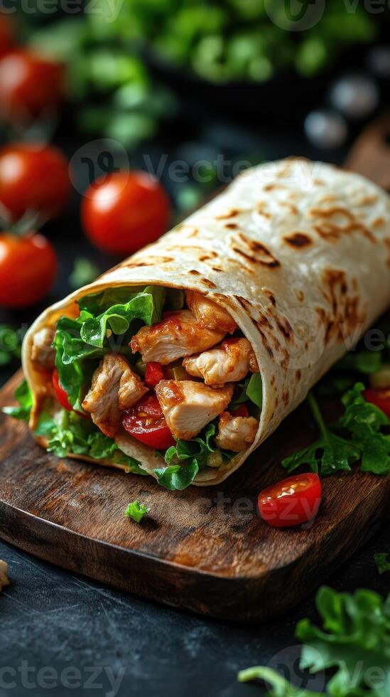 Delicious chicken wrap with fresh vegetables and tomatoes on a wooden board in a rustic kitchen setting photo