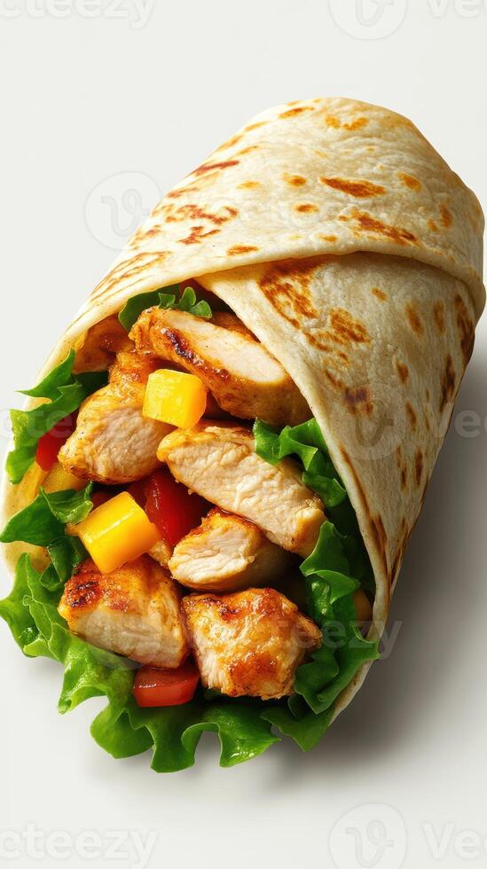 Grilled chicken wrap with fresh vegetables served on a soft tortilla in a bright setting photo