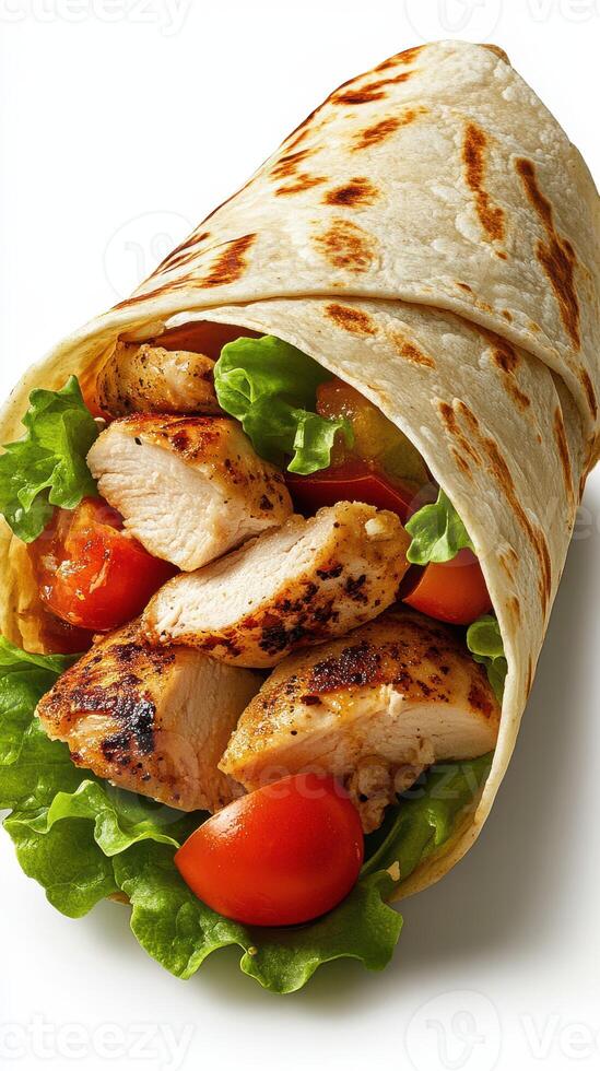 Delicious grilled chicken wrap with fresh vegetables prepared for a satisfying meal photo