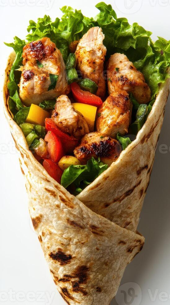 Delicious chicken wrap filled with fresh vegetables and herbs ready to be enjoyed for lunch photo