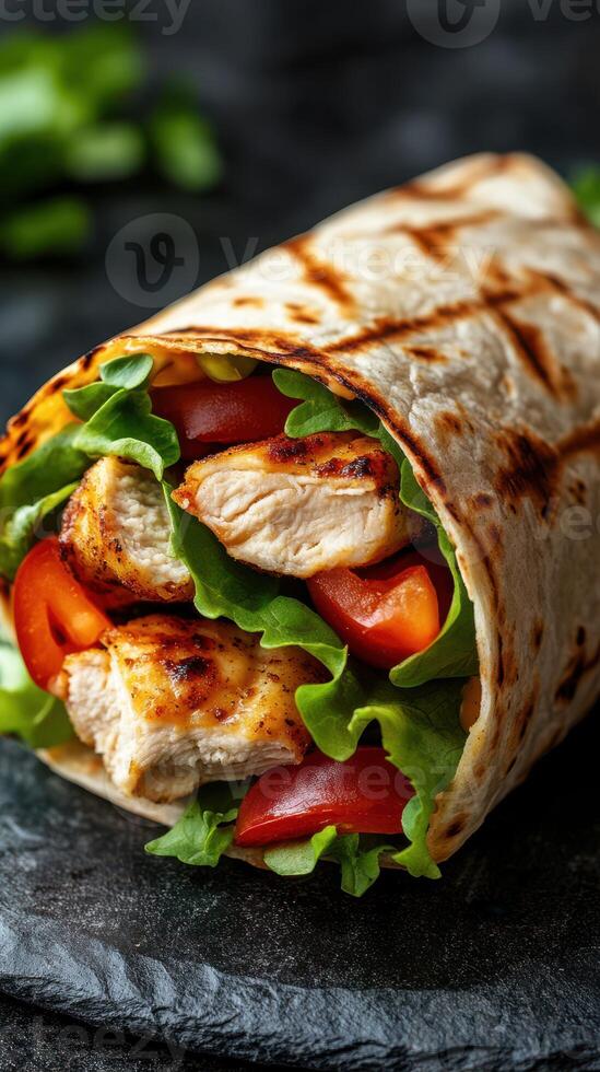 Delicious grilled chicken wrap filled with fresh vegetables and herbs served on a dark slate background photo