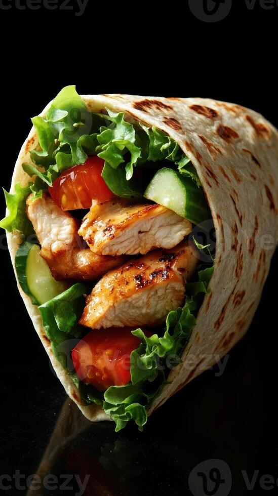 Delicious grilled chicken wrap filled with fresh vegetables and greens on a dark background photo