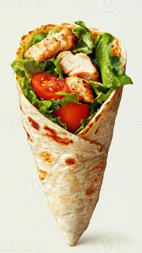 Savory grilled chicken wrap filled with fresh vegetables on a light background photo