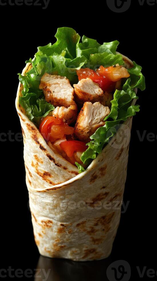 Grilled chicken wrap with fresh vegetables wrapped in soft tortilla during evening meal photo