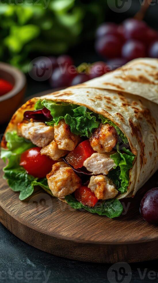 Delicious grilled chicken wrap with fresh vegetables served on a wooden board in a casual setting photo