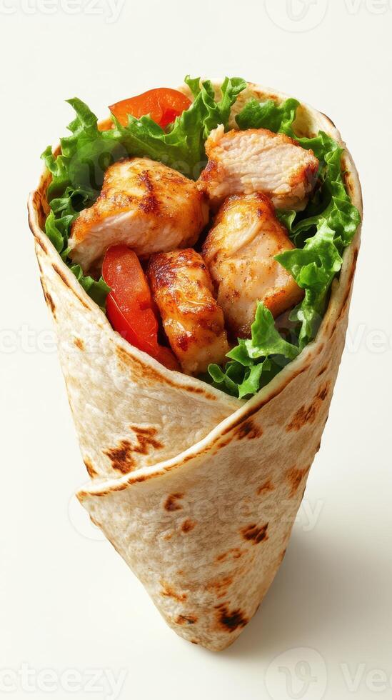 Grilled chicken wrap filled with fresh lettuce and tomatoes served on a clean background photo