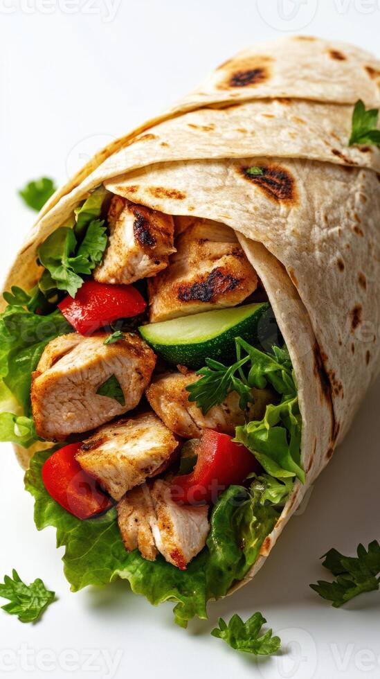 Delicious chicken wrap with fresh vegetables served in a soft tortilla at a casual dining setting photo