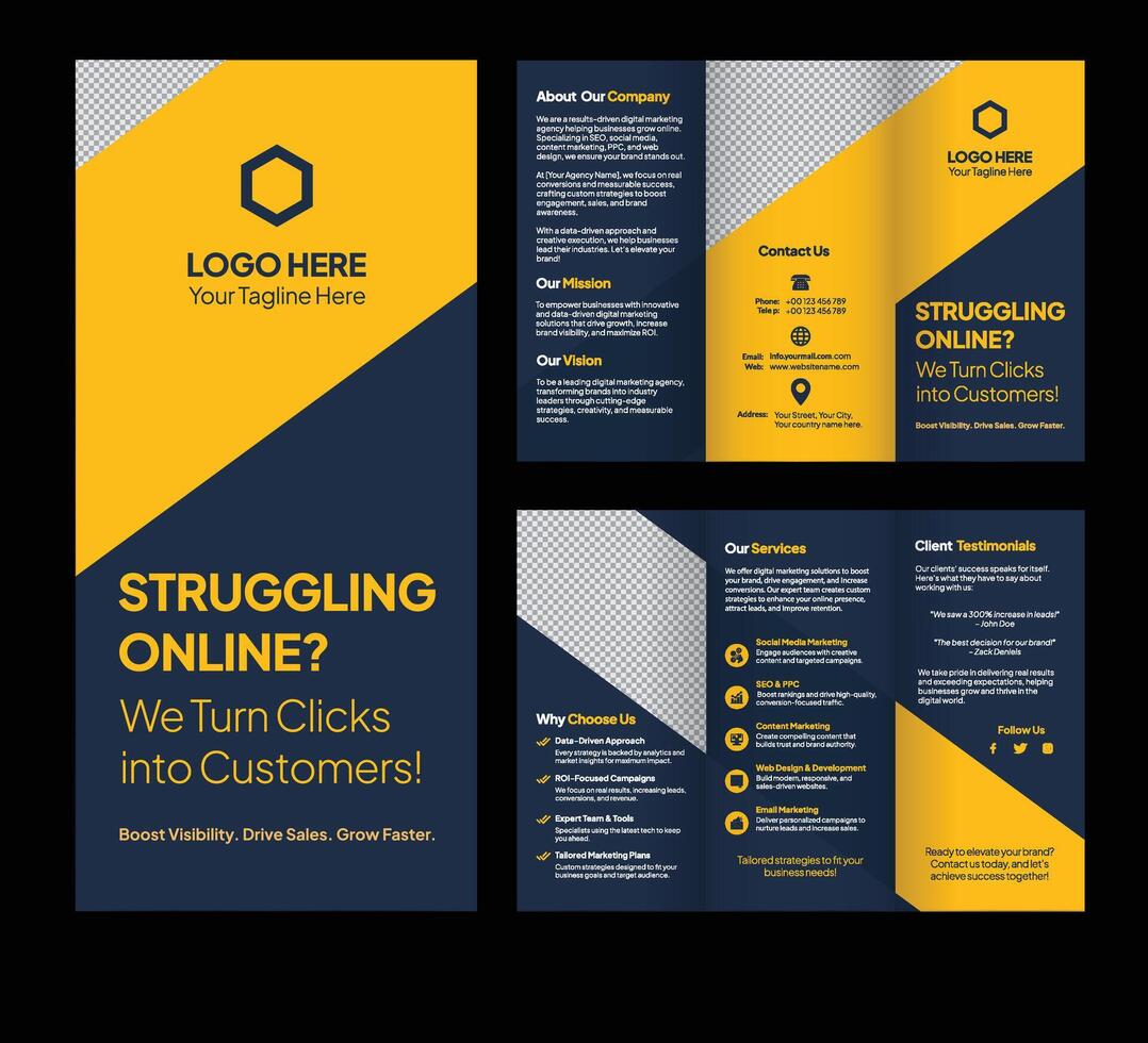 Trifold Business Brochure Design Template. Digital Marketing Flyer Design. vector