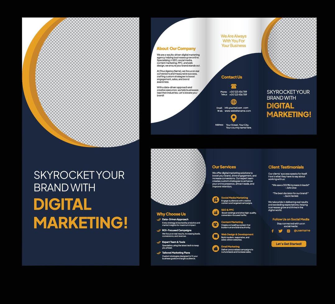 Trifold Business Brochure Design Template. Digital Marketing Flyer vector