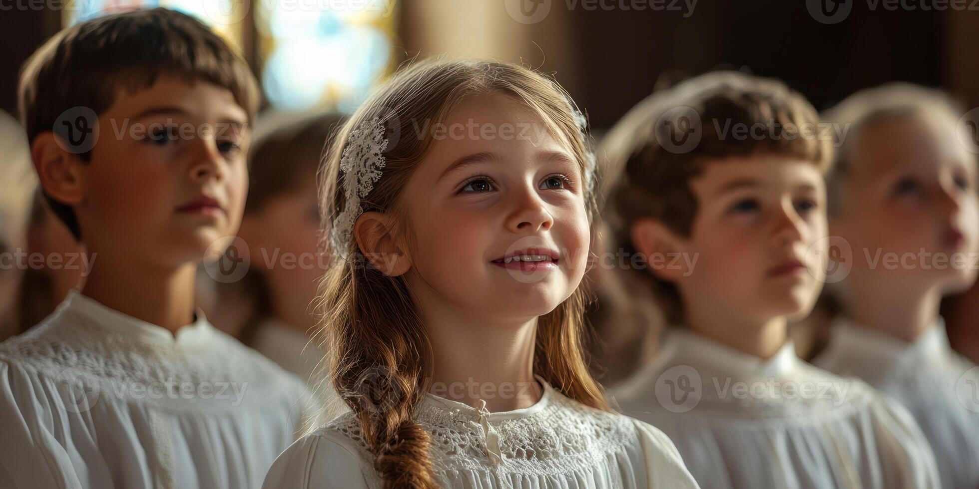 Children singing joyfully in a church during a choir rehearsal in the afternoon light photo