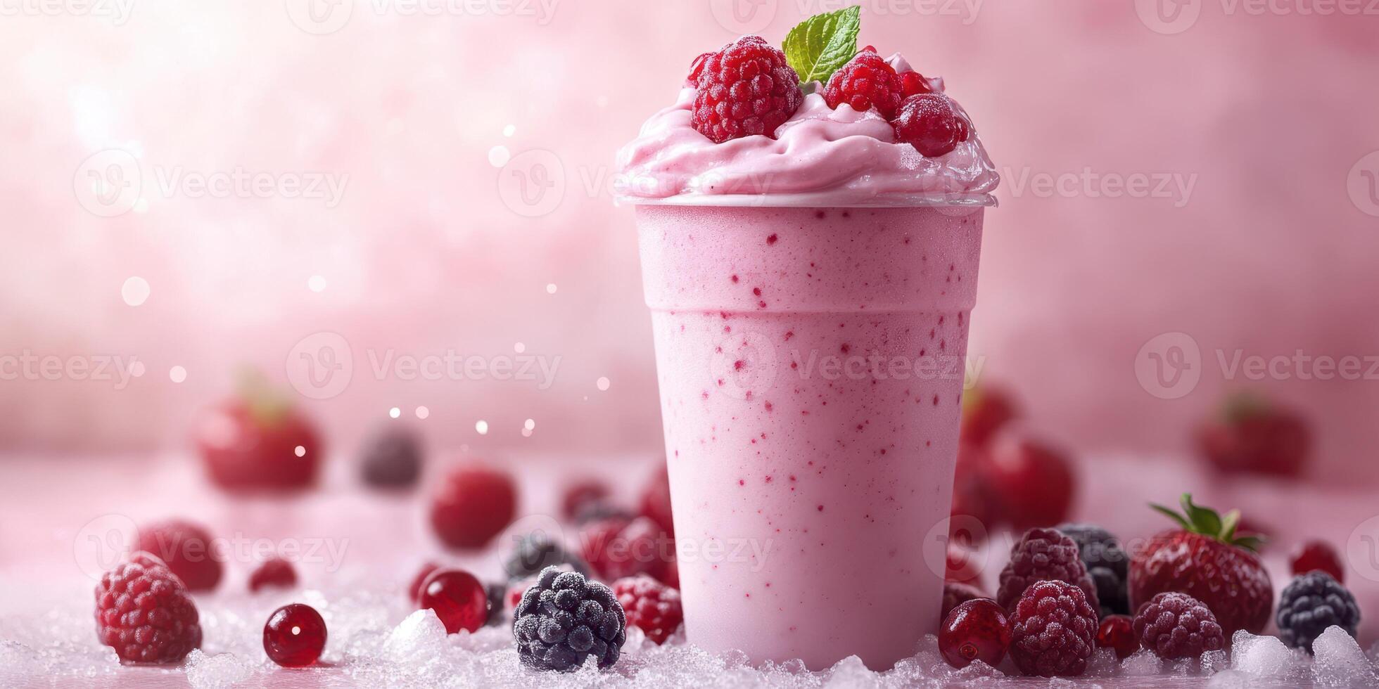 Refreshing raspberry smoothie served in a clear cup with berries scattered around on a pink background photo