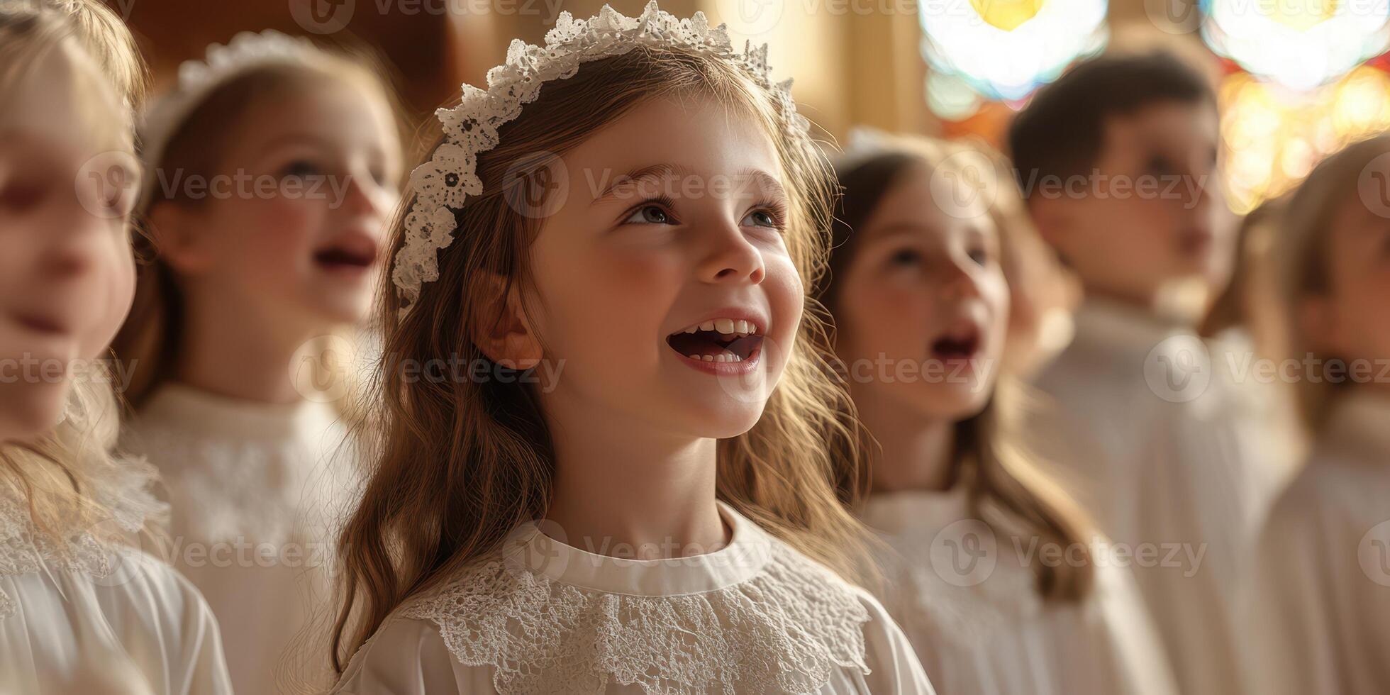 Children singing joyfully during a choir performance in a beautiful church setting with stained glass windows photo