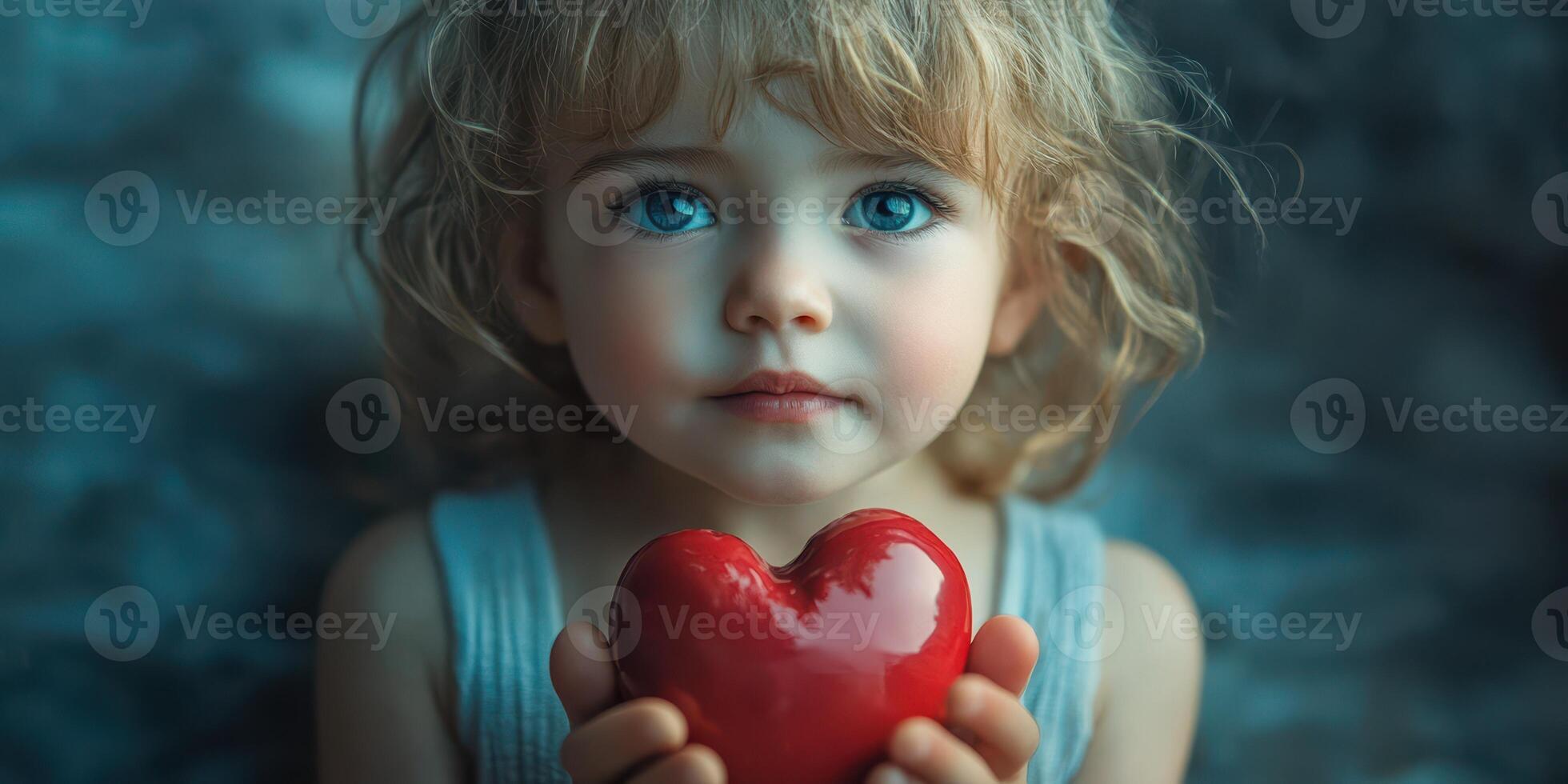 Child holding a red heart in a soft and dreamy atmosphere with bright blue eyes and tousled hair photo