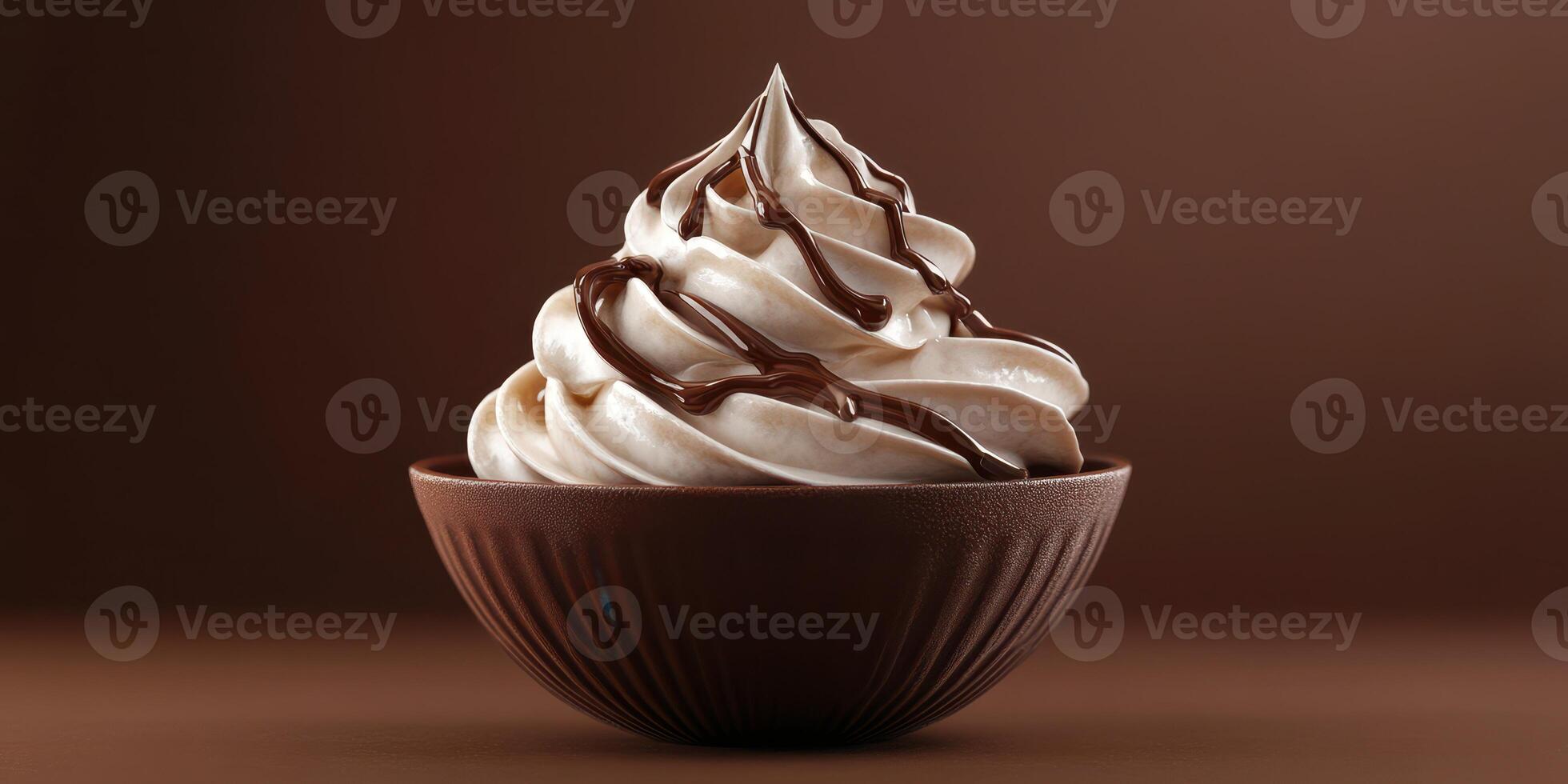 Delicious soft serve ice cream topped with chocolate sauce served in a brown bowl photo