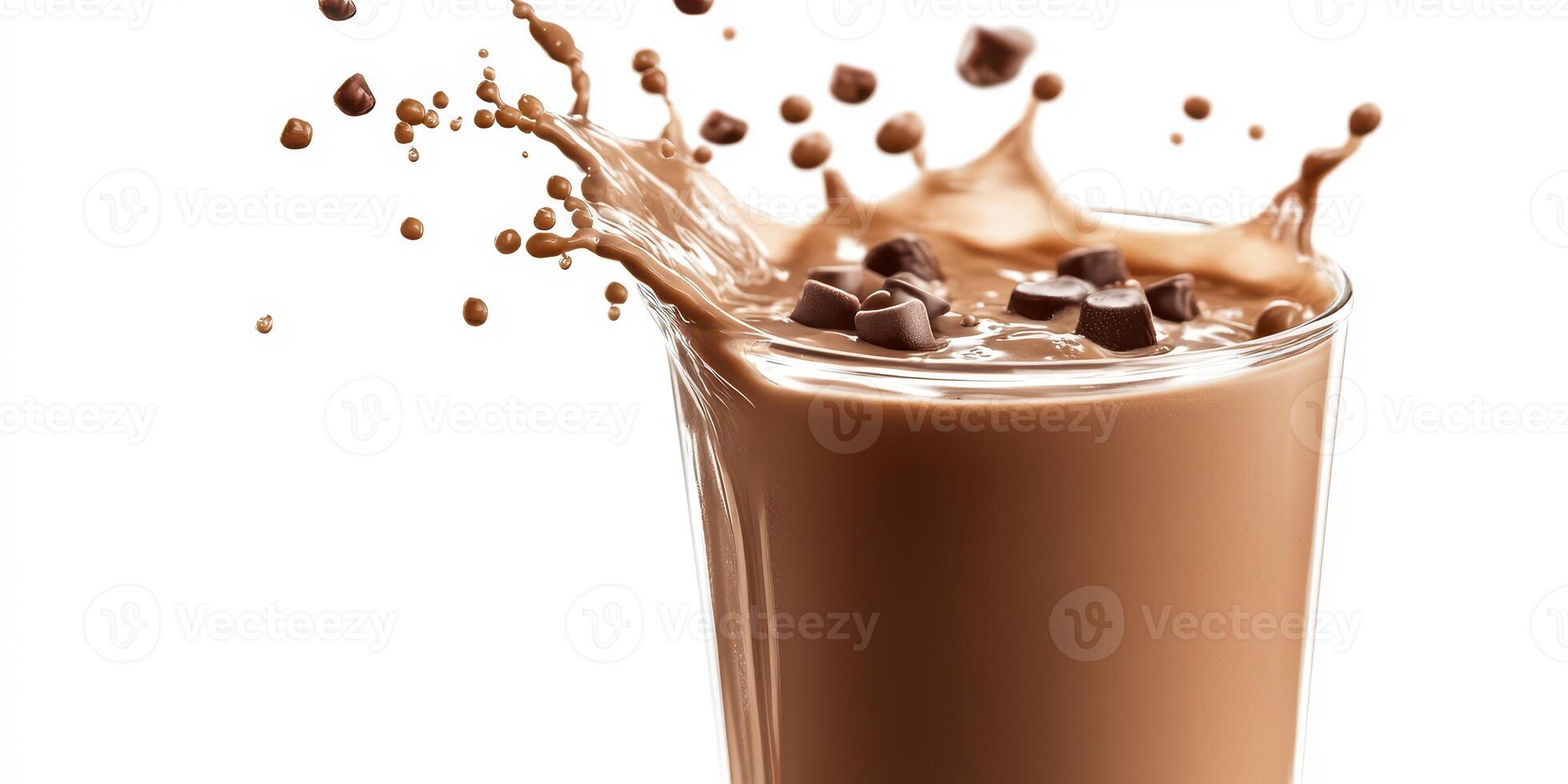 Chocolate milk splash creates delightful visual appeal in glass with chocolate chunks photo