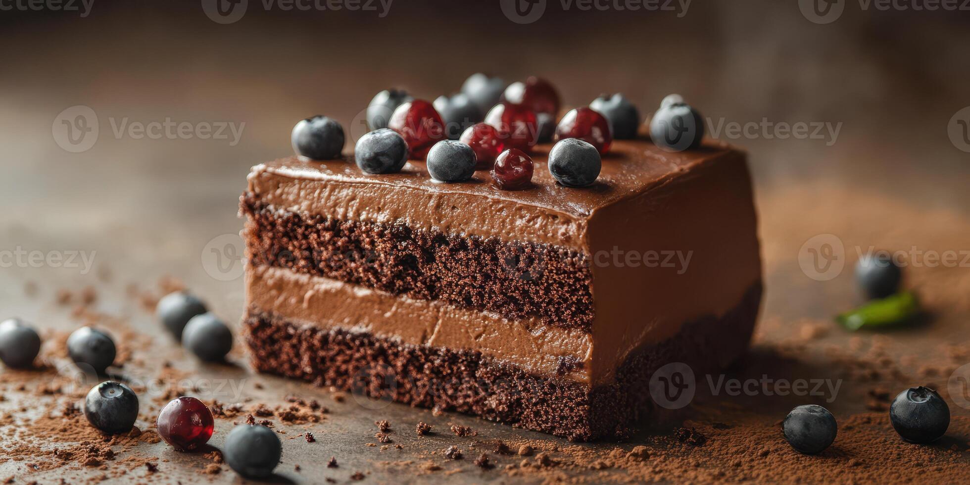Rich chocolate cake topped with fresh blueberries and red currants on a wooden surface with scattered crumbs photo