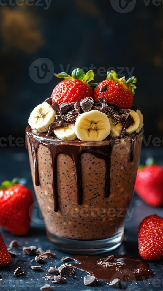 Delicious chocolate and chia seed pudding topped with fresh strawberries and banana slices in a glass photo