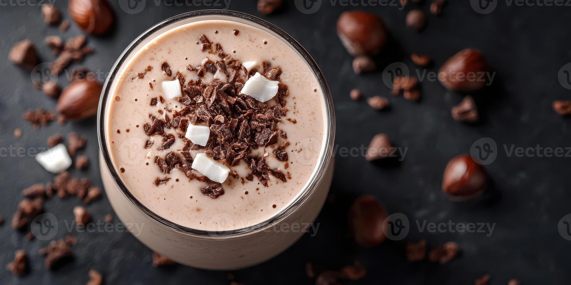 Delicious chocolate smoothie topped with coconut flakes and cocoa nibs served in a clear glass on a dark surface photo