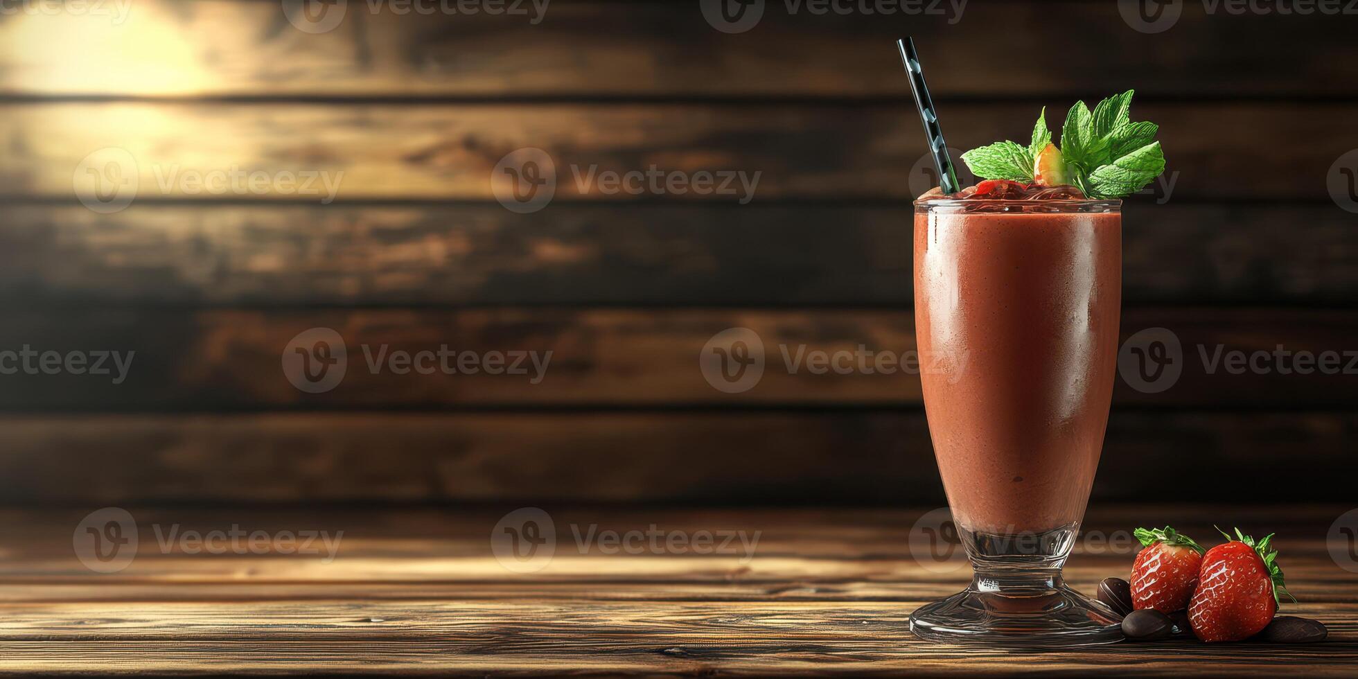 Refreshing strawberry smoothie served in a tall glass on a wooden table surrounded by fresh strawberries photo