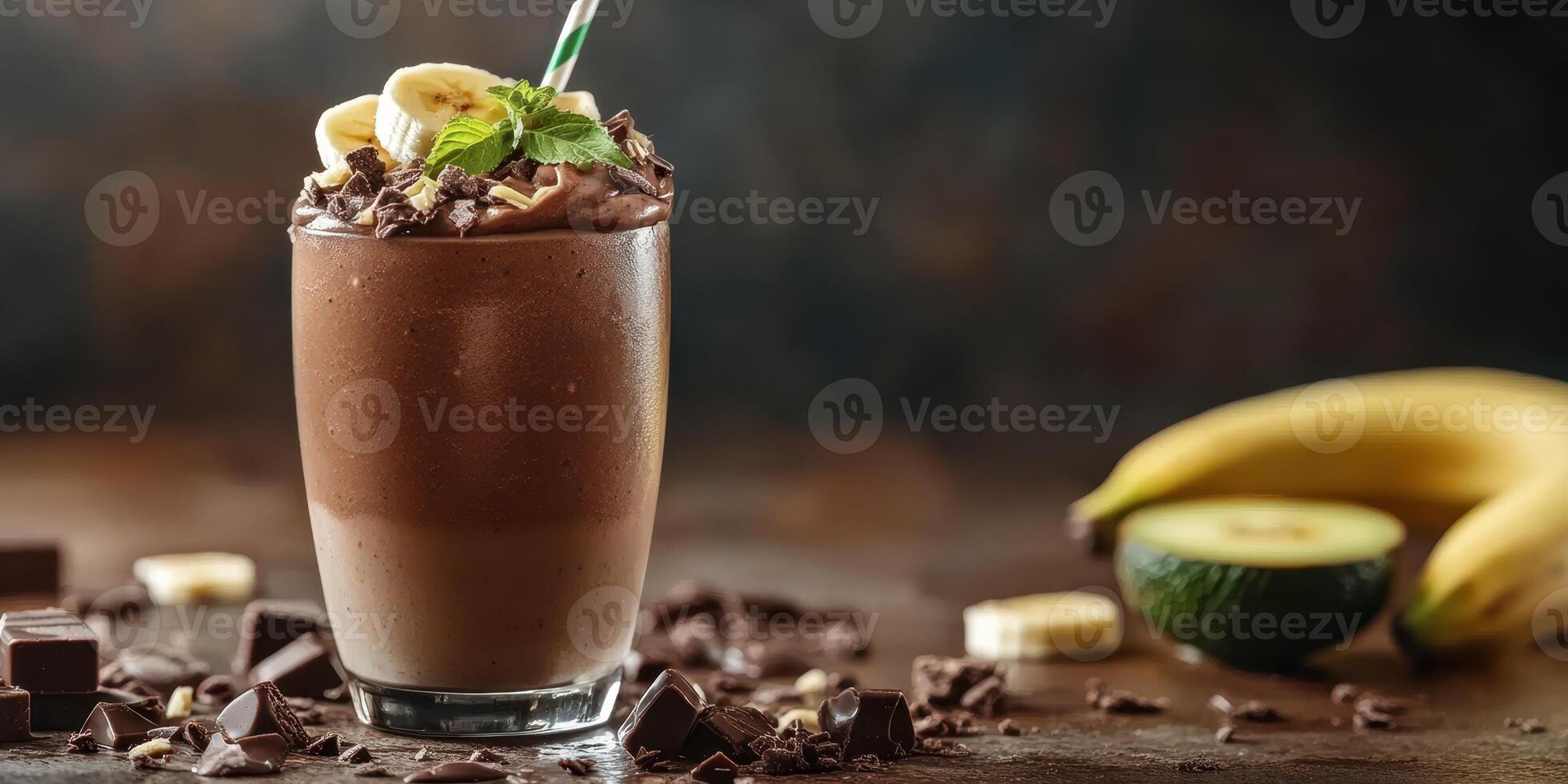 Chocolate banana smoothie with fresh ingredients served in a tall glass on a wooden surface photo