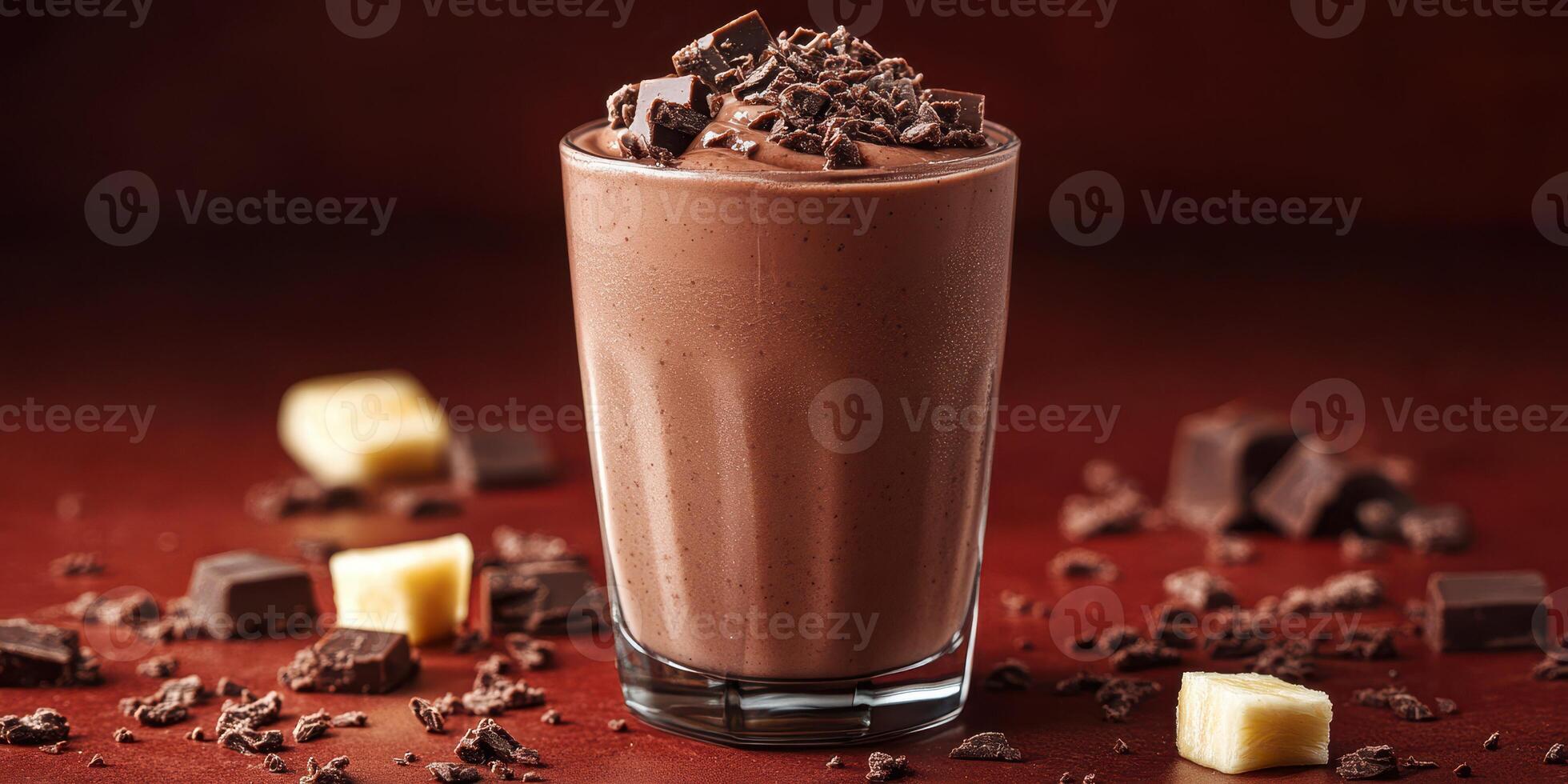 Delicious chocolate smoothie topped with shavings and chunks, served in a glass on a wooden table photo