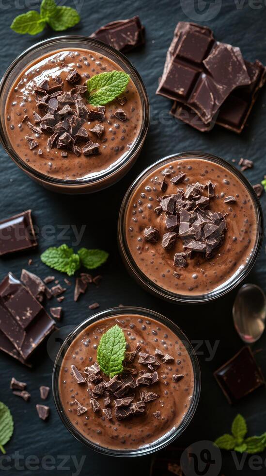 Smooth and rich chocolate mousse served in elegant glasses with fresh mint and chocolate shavings on a dark surface photo