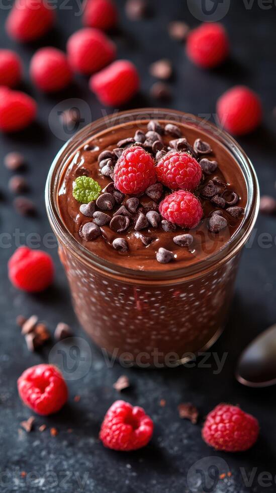 Creamy chocolate dessert topped with fresh raspberries and chocolate chips on a dark surface photo