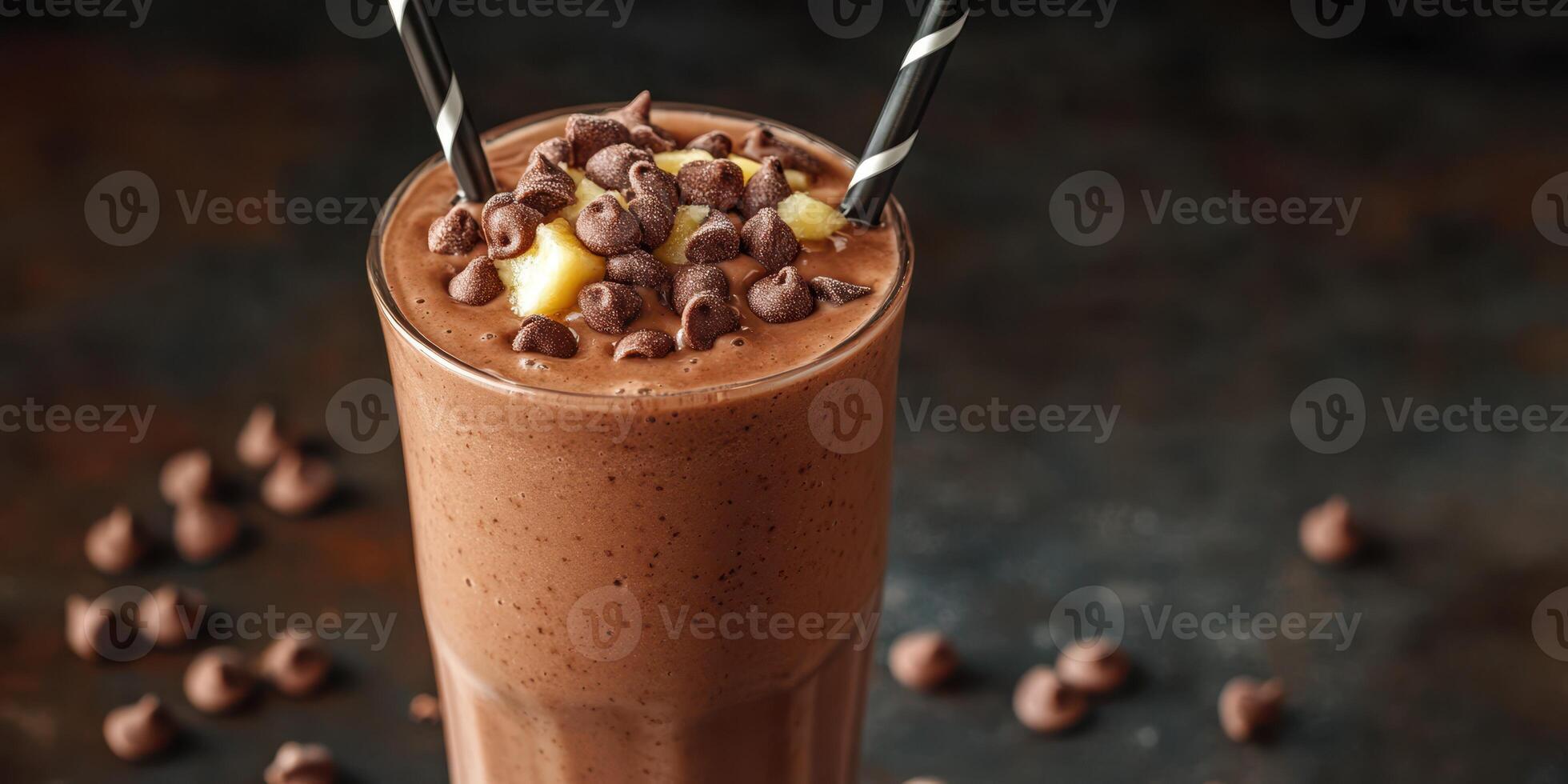 Delicious chocolate smoothie topped with mini chocolate chips and served with striped straws for a refreshing treat photo