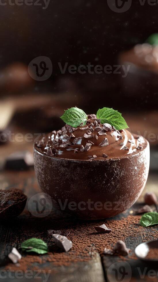 Rich chocolate mousse topped with mint leaves and chocolate shavings in a rustic setting photo