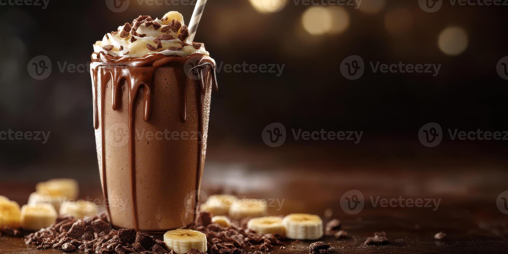 Delicious chocolate banana shake with whipped cream and chocolate drizzle served in a glass cup at a cozy cafe setting photo