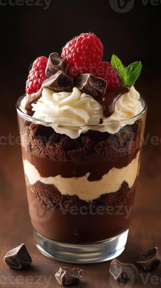 Delicious chocolate dessert layered with cream, raspberries, and topped with mint leaf against a dark background photo