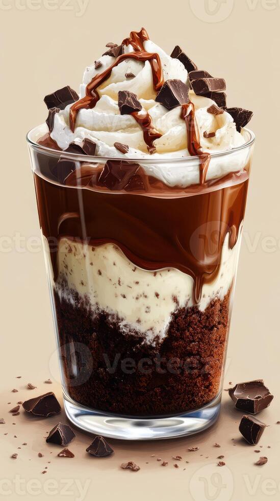 Decadent dessert featuring layers of chocolate, whipped cream, and cookie crumbles served in a clear glass cup at a cozy cafe photo