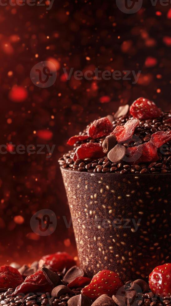 Indulgent chocolate treat with strawberries and cacao nibs in a creative setting photo
