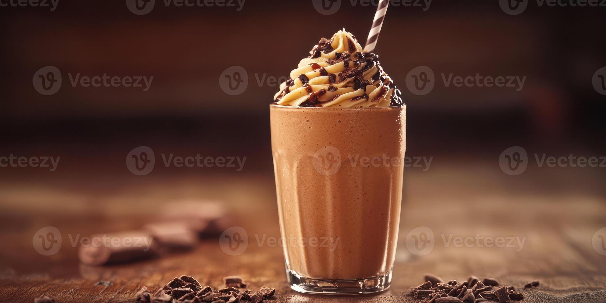 Delicious chocolate shake topped with whipped cream and chocolate sprinkles served in a tall glass on a rustic table photo