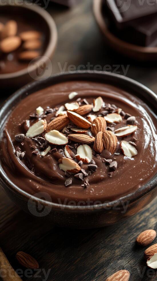 Creamy chocolate dessert topped with almonds and chocolate chips served in a rustic bowl photo