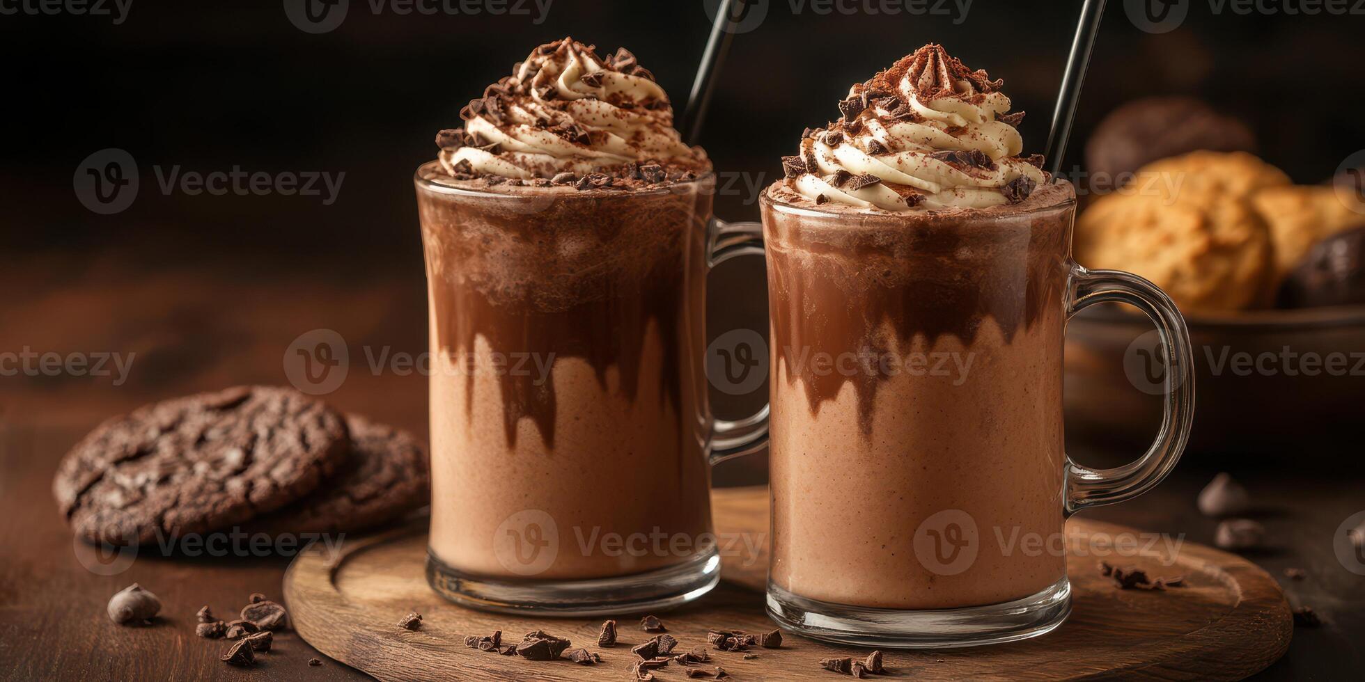 Delicious chocolate drinks topped with cream and chocolate shavings on a wooden platter with cookies photo