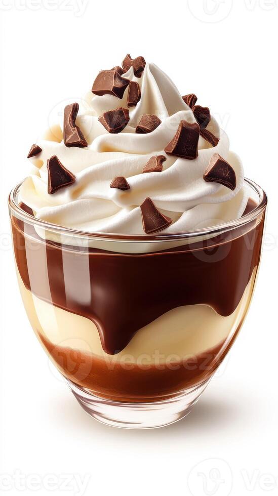 Decadent chocolate dessert topped with whipped cream and chocolate chips garnished in a clear glass bowl photo