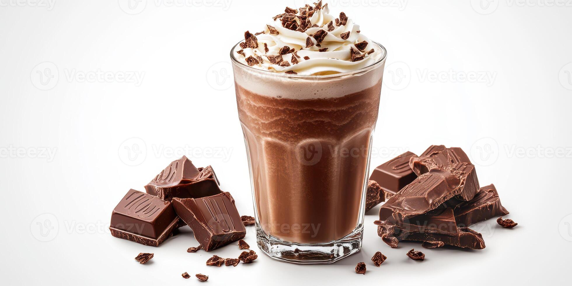Creamy chocolate beverage topped with whipped cream and chocolate shavings in a clear glass with chocolate chunks photo