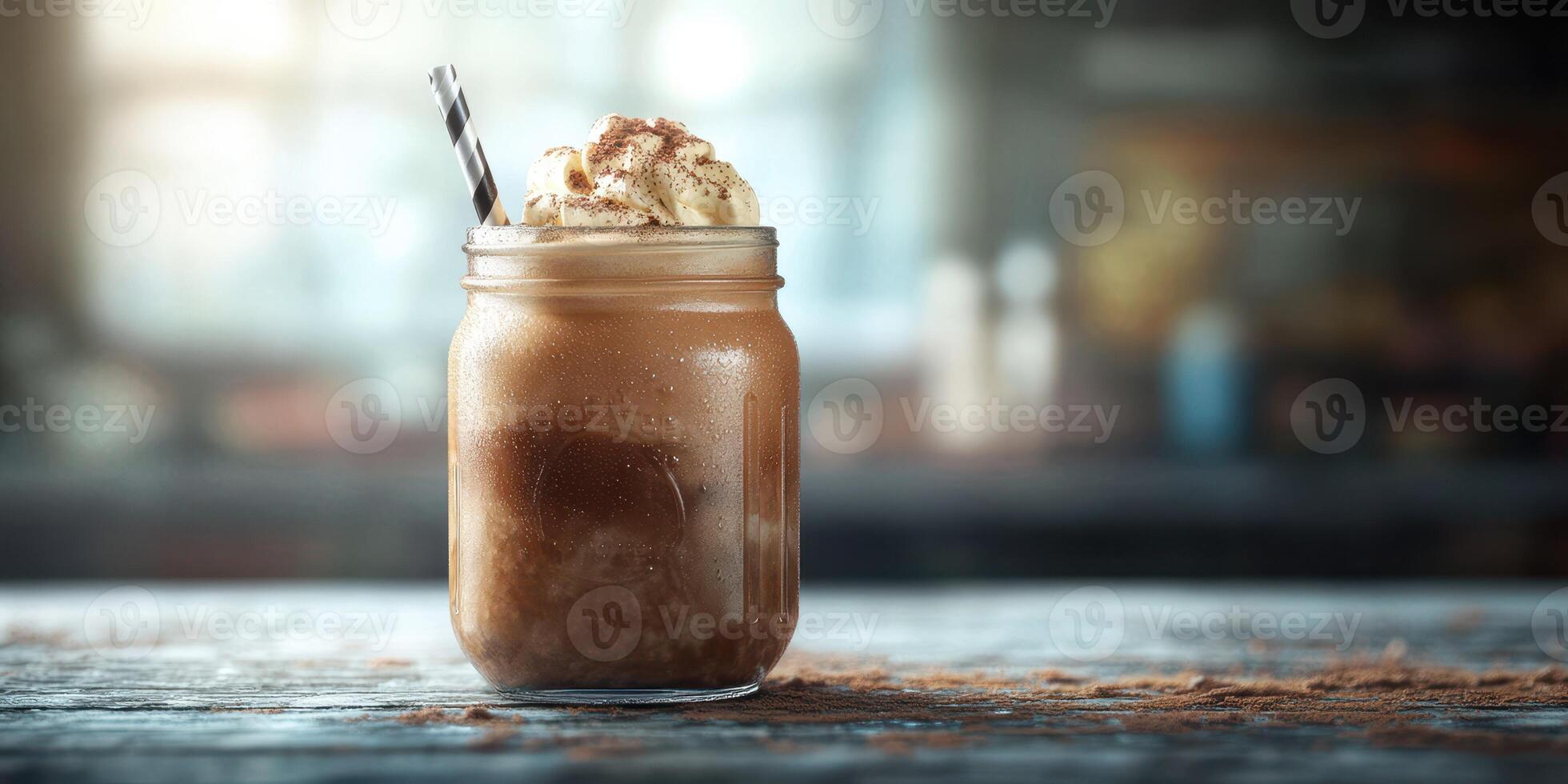 Creamy chocolate beverage with whipped topping served in a mason jar during a cozy interior setting photo