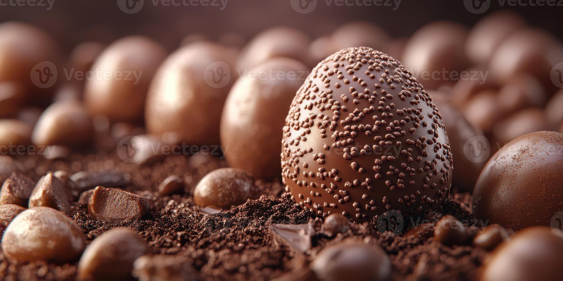 Chocolate confectionery arrangement with various treats on a textured surface highlighting an elegant chocolate egg photo