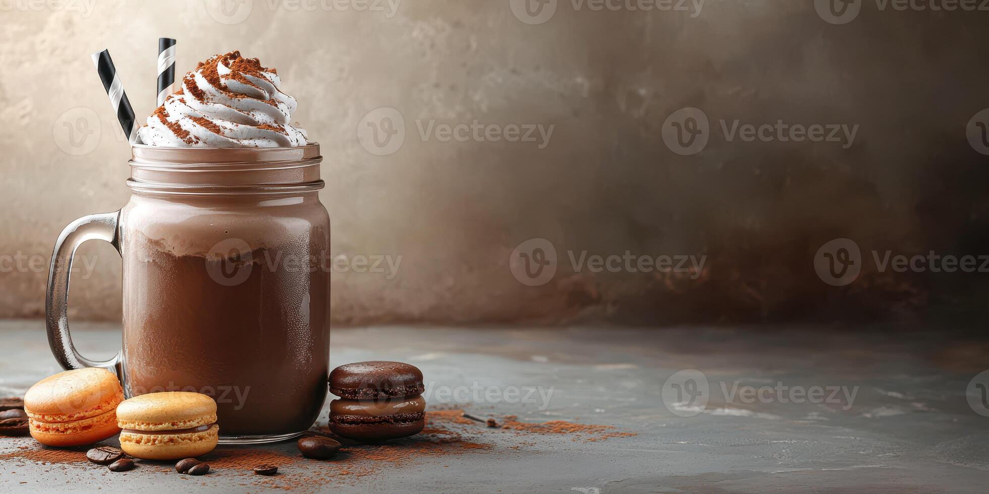 Indulgent chocolate beverage topped with whipped cream and macarons on a rustic table photo